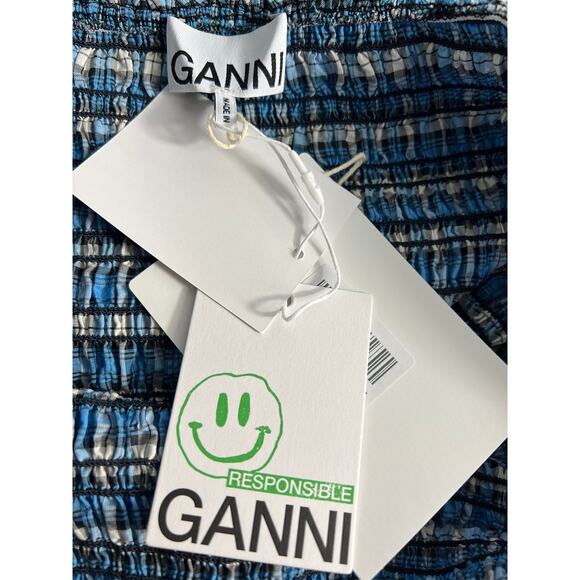 NWT Ganni Shirred Checked Cotton-blend Seersucker Midi Dress Blue DE 42 US 12 - Picture 7 of 10